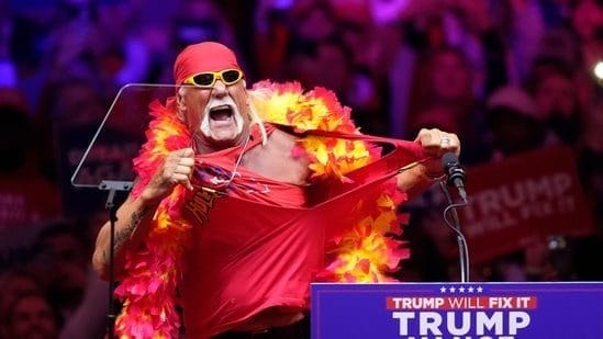 Hulk Hogan makes a crass ‘Hawk Tuah’ joke on Kamala at MSG after struggling to tear off his shirt