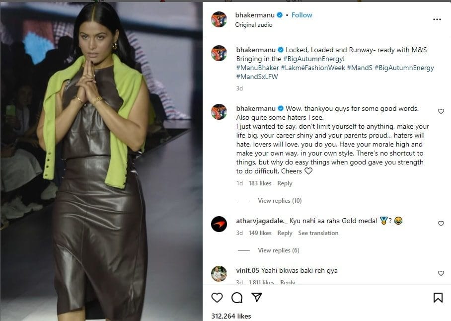 Manu Bhaker Criticised For Walking The Ramp At Lakme Fashion Week. Shooter’s Straight Response: “Haters Will Hate, Lovers Will…”