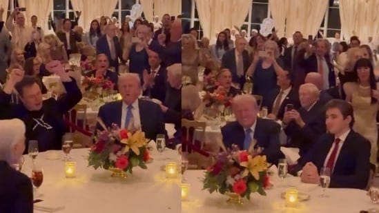 ‘Bored’ Barron appears to be like embarrassed watching Trump and Musk dance at Thanksgiving dinner