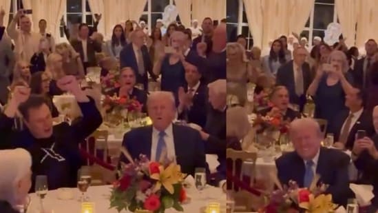 Trump turns DJ at Mar-a-Lago Thanksgiving with Stallone, Belichick, and Barron; Musk makes a toast