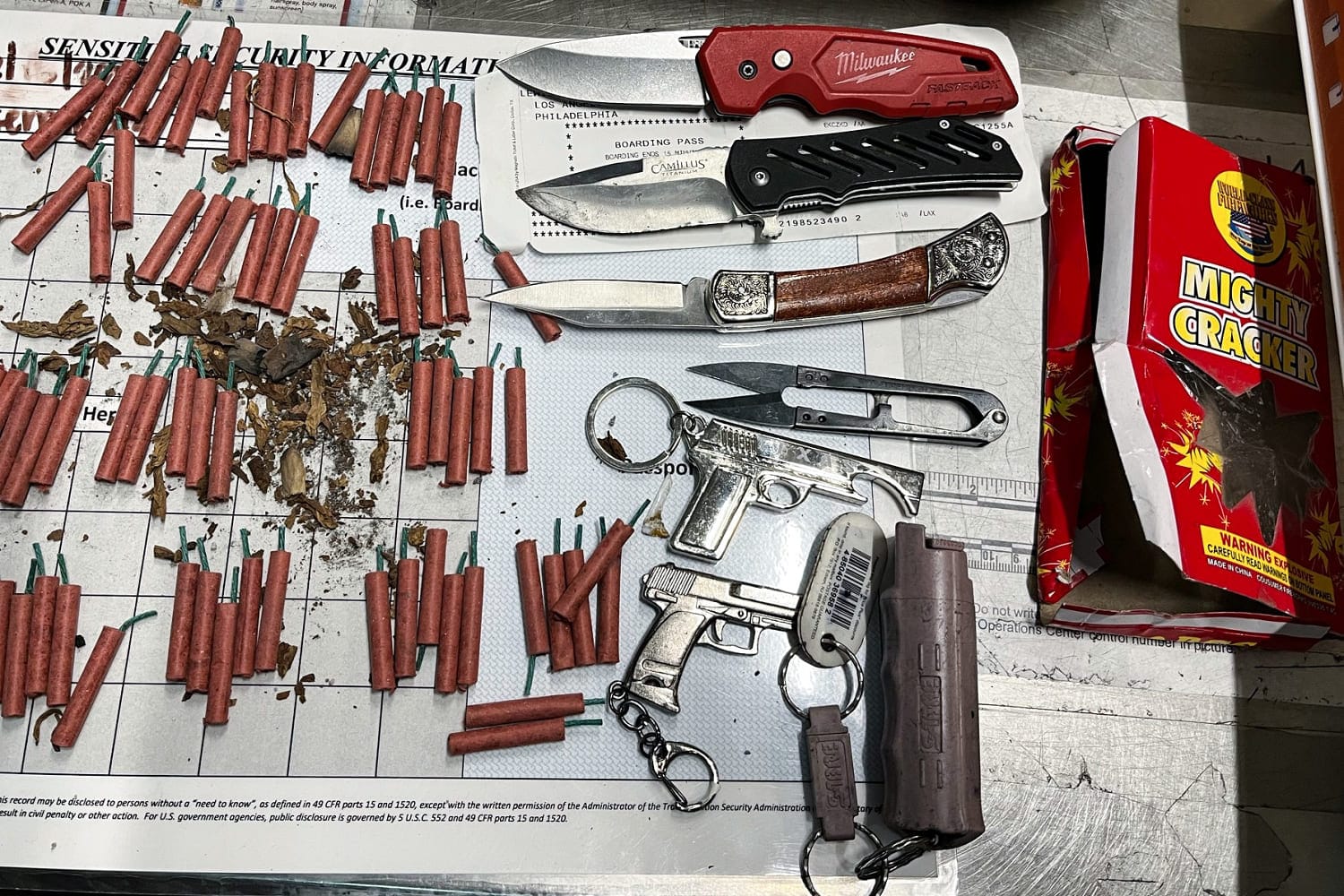 TSA finds ‘stunning variety of prohibited objects’ in lady’s bag, together with 82 fireworks, 3 knives